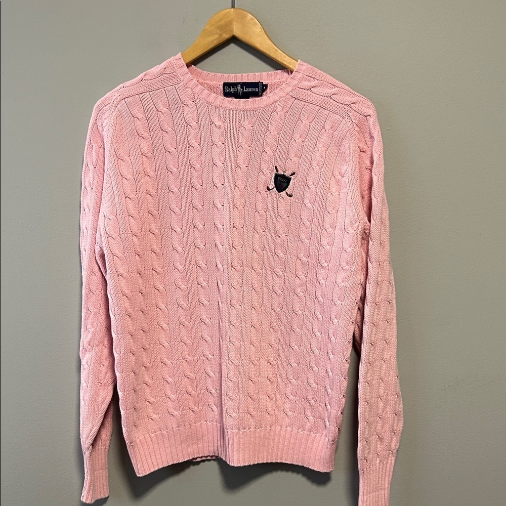Vintage Ralph Lauren Pink Cotton Cable Knit Preppy Coastal Sweater Medium